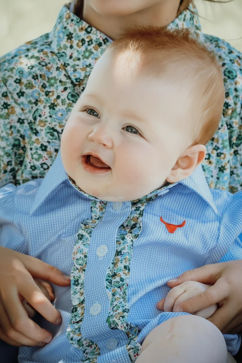 Little Windmill Clothing Co. "Dasha" Soft Baby Blue Gingham Short Sleeve Romper