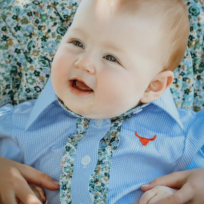 Little Windmill Clothing Co. "Dasha" Soft Baby Blue Gingham Short Sleeve Romper