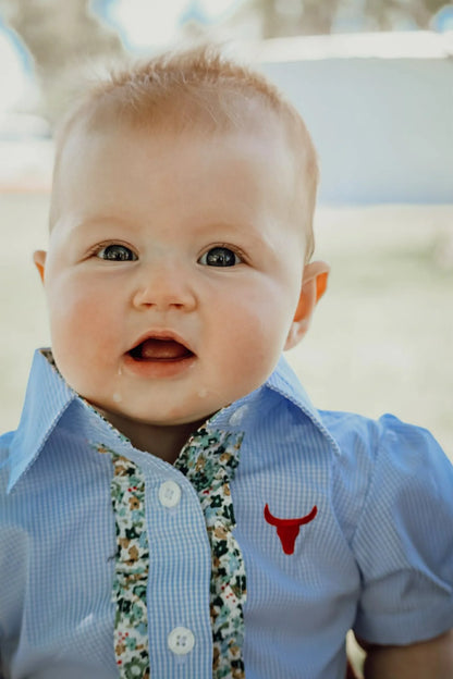 Little Windmill Clothing Co. "Dasha" Soft Baby Blue Gingham Short Sleeve Romper