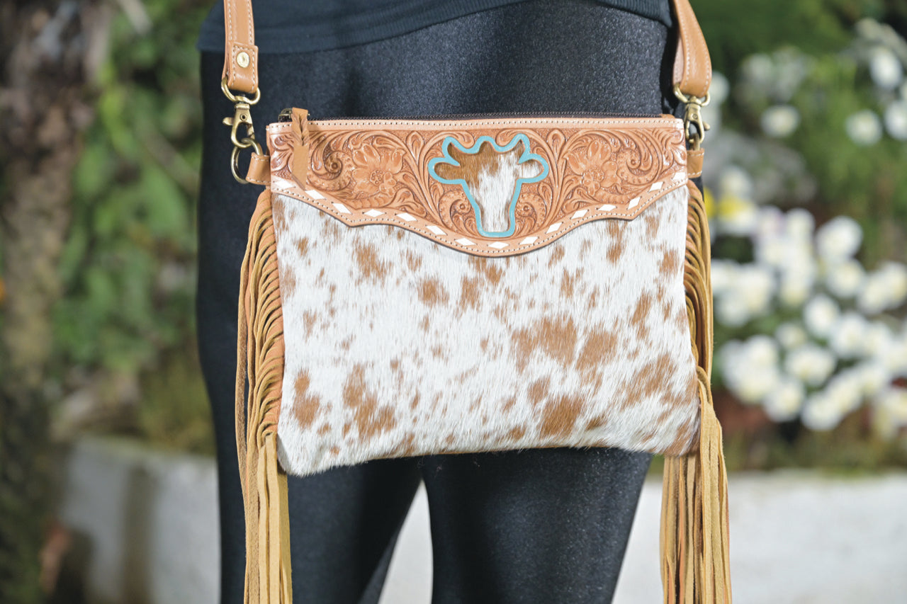 The Design Edge Bullhead Cowhide Sling Bag with Fringes – Marbella (AB82)