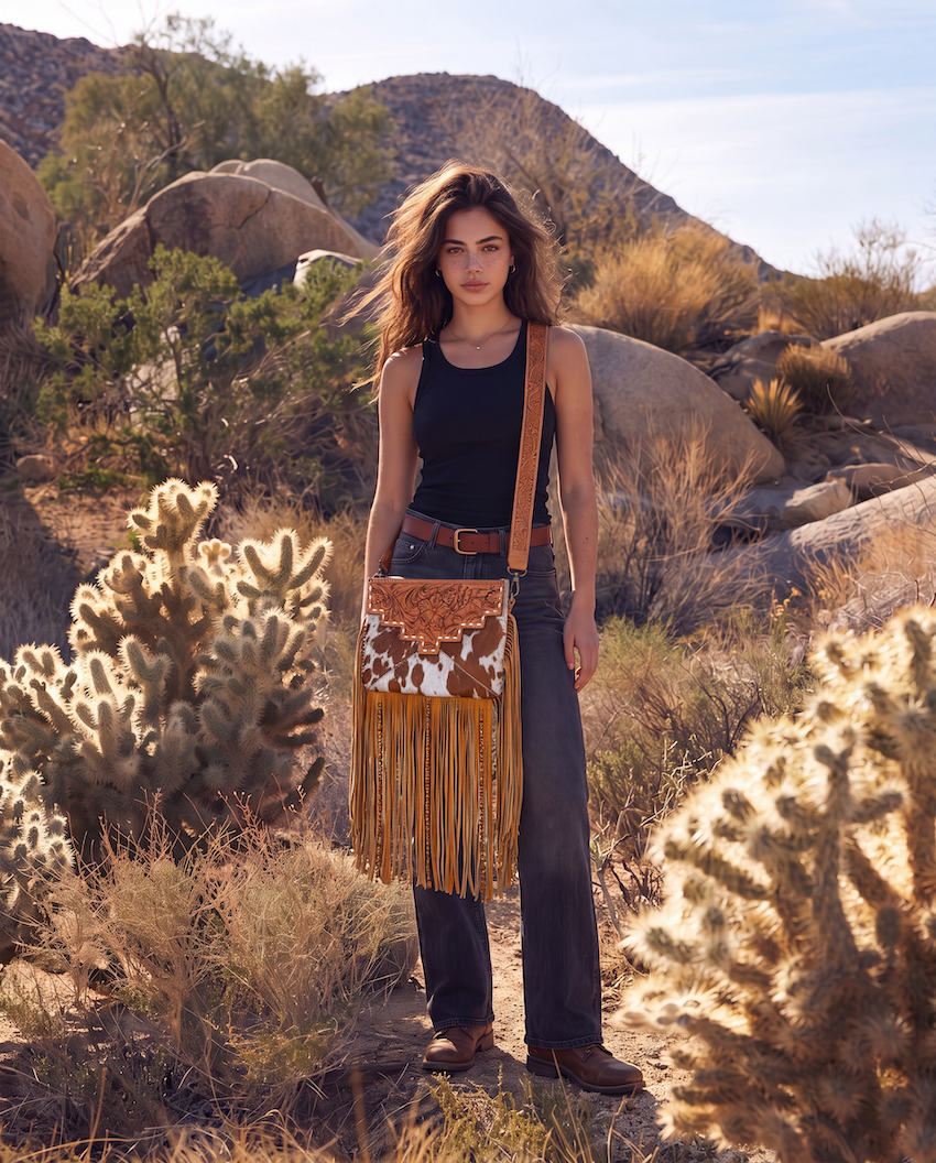 The Design Edge Tooling Leather Cowhide Sling Bag with Fringes and Buckstitch – AB98 – Machala