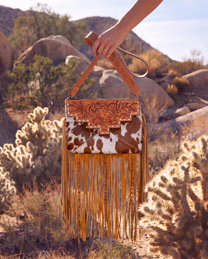 The Design Edge Tooling Leather Cowhide Sling Bag with Fringes and Buckstitch – AB98 – Machala