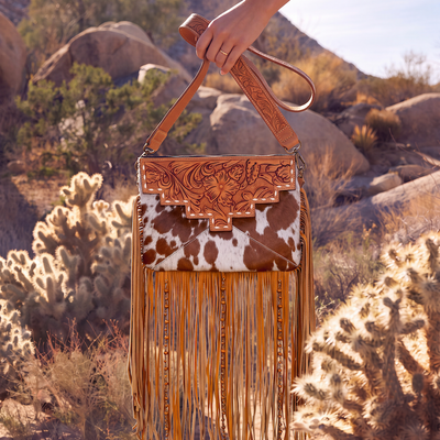 The Design Edge Tooling Leather Cowhide Sling Bag with Fringes and Buckstitch – AB98 – Machala