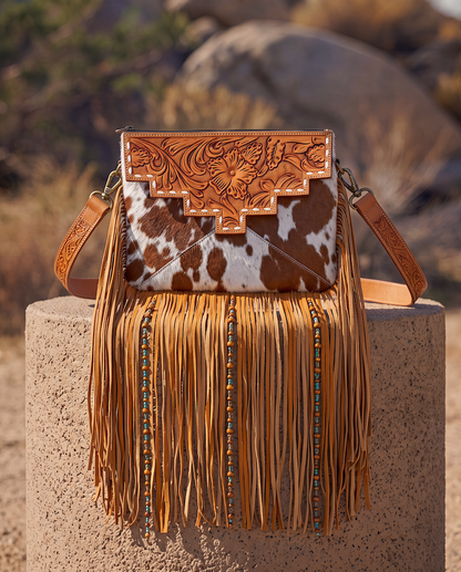 The Design Edge Tooling Leather Cowhide Sling Bag with Fringes and Buckstitch – AB98 – Machala