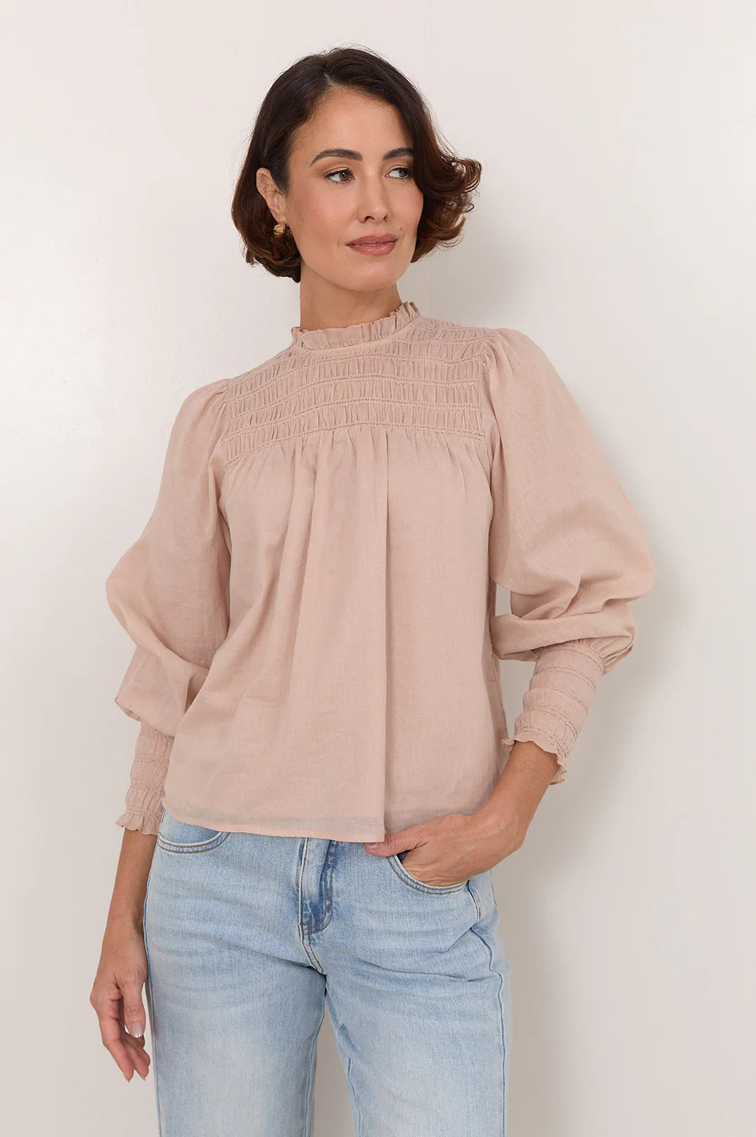 Adorne Valentina Shirred Top -Stone
