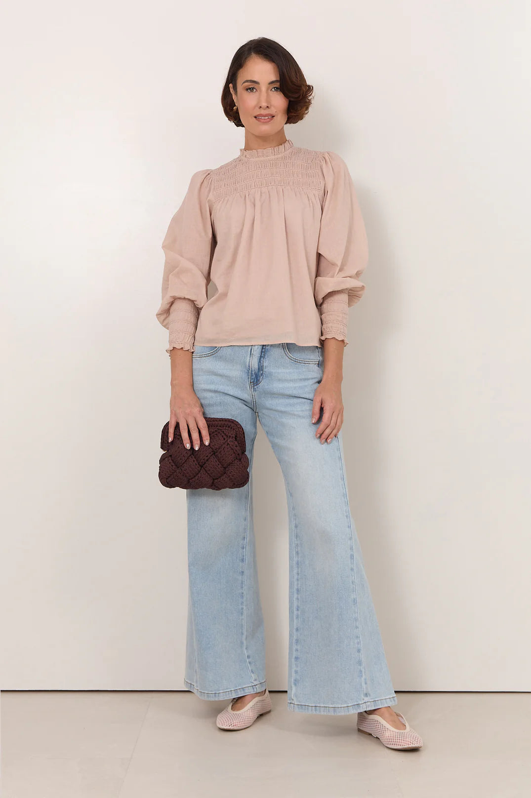 Adorne Valentina Shirred Top -Stone