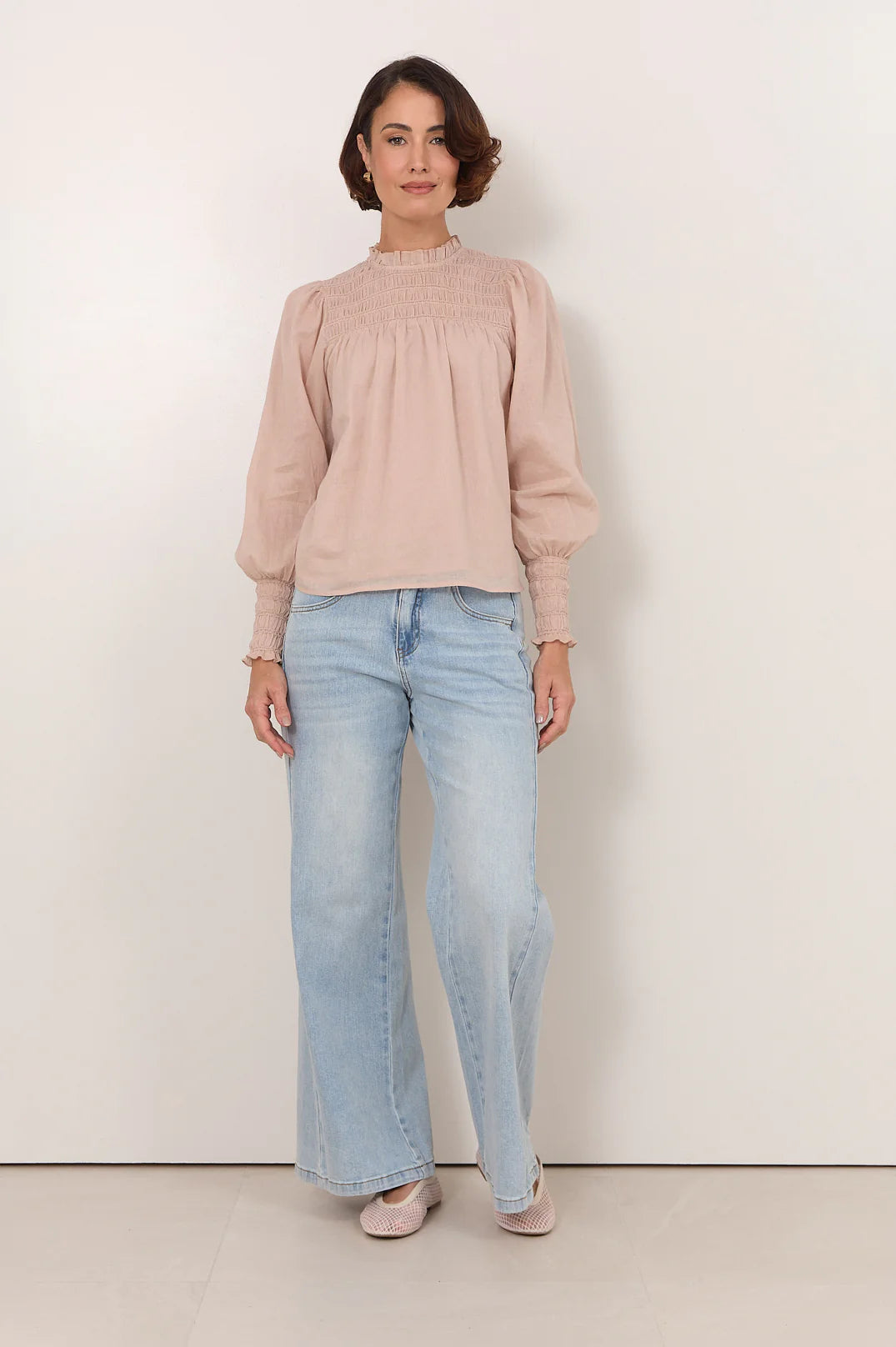 Adorne Valentina Shirred Top -Stone