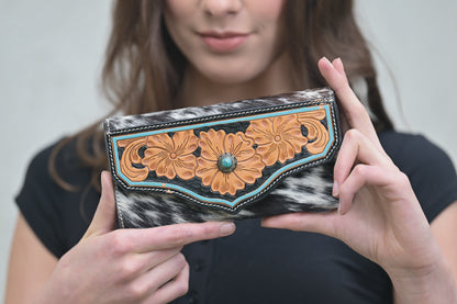 The Design Edge Cowhide Tooling Leather Wallet With Turquoise Stonework – Eden (AW30)