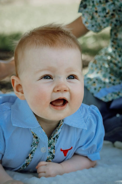 Little Windmill Clothing Co. "Dasha" Soft Baby Blue Gingham Short Sleeve Romper