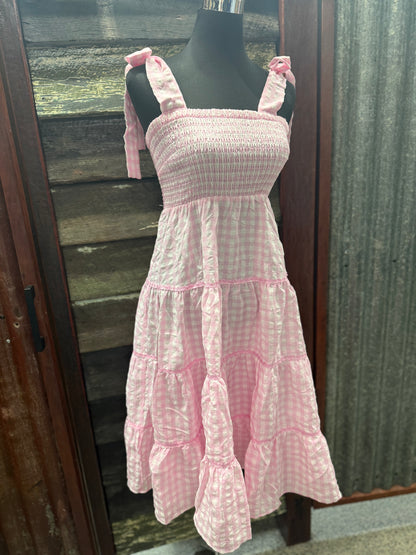 Fria the Label Dress - Cotton Gingham Tier Dress With Lace Trim Pink