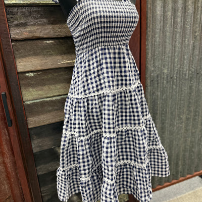 Fria the Label Dress - Cotton Gingham Tier Dress With Lace Trim Navy