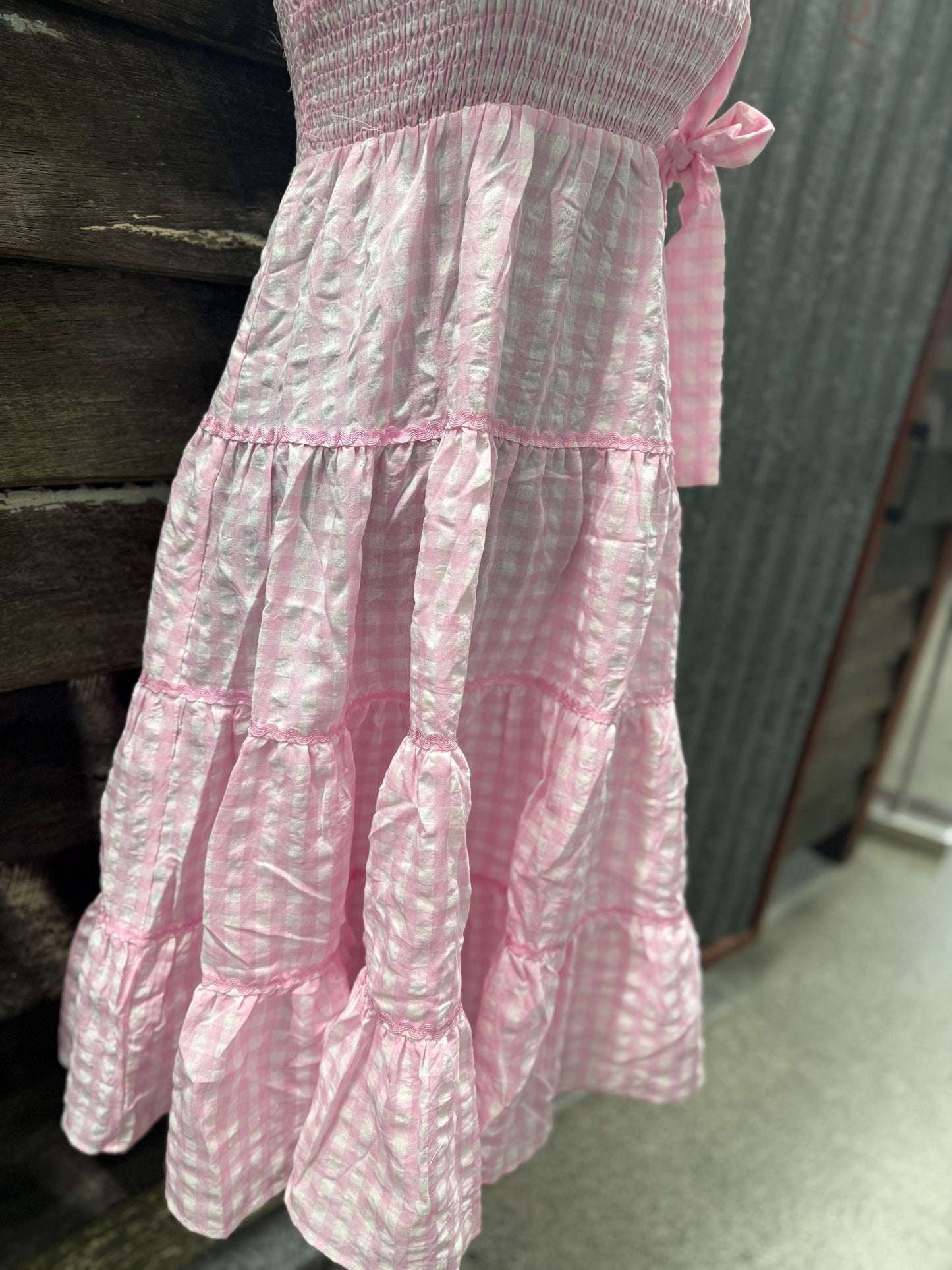 Fria the Label Dress - Cotton Gingham Tier Dress With Lace Trim Pink