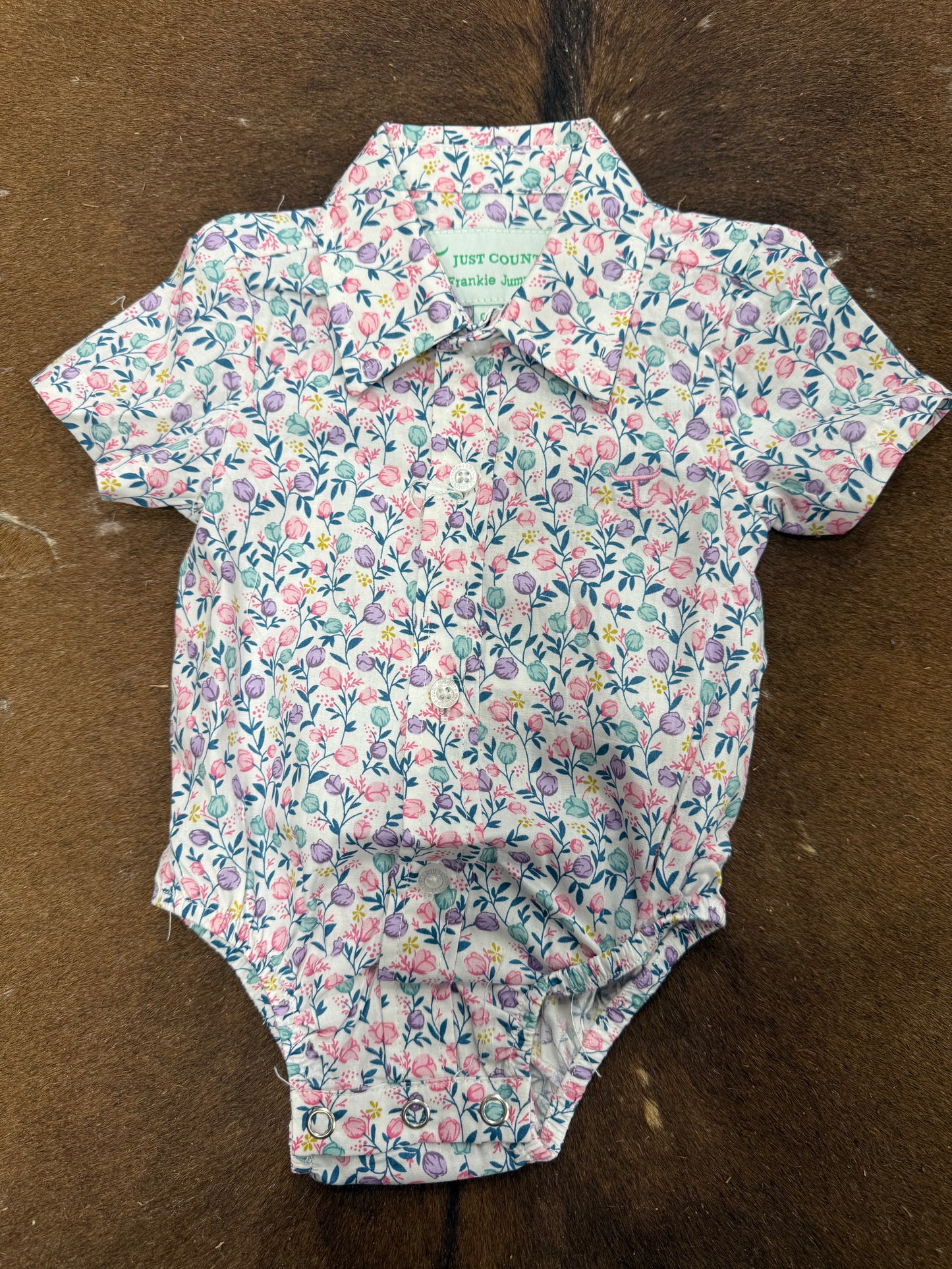Just Country Infant Frankie Short Sleeve Full Button Jumpsuit White Tulips IWSS2538