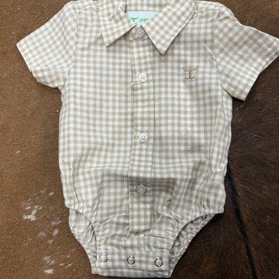 Just Country Infant Frankie Short Sleeve Full Button Jumpsuit Fawn Small Check