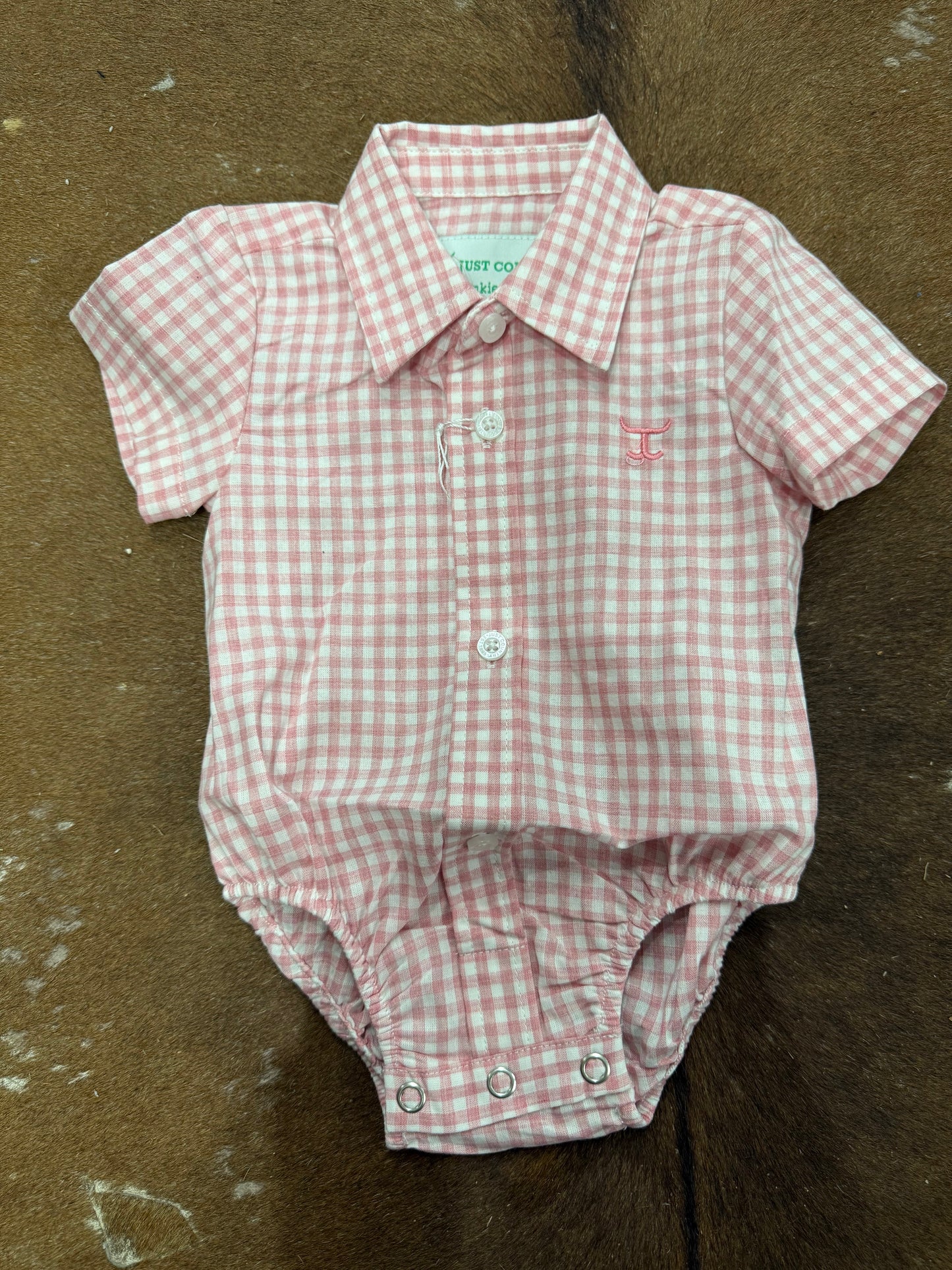 Just Country Infant Frankie Short Sleeve Full Button Jumpsuit Flamingo Pink Small Check