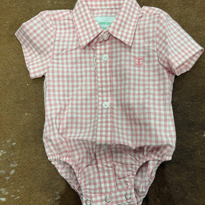 Just Country Infant Frankie Short Sleeve Full Button Jumpsuit Flamingo Pink Small Check