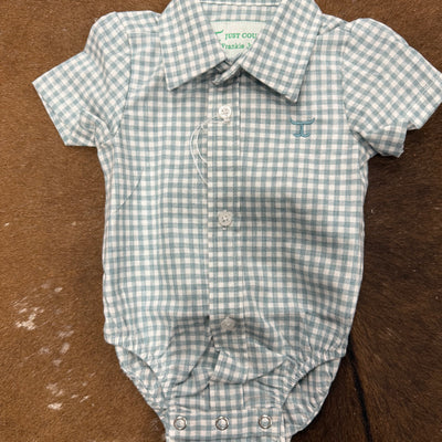Just Country Infant Frankie Short Sleeve Full Button Jumpsuit Dusty Turquoise Small Check  IWSS2537