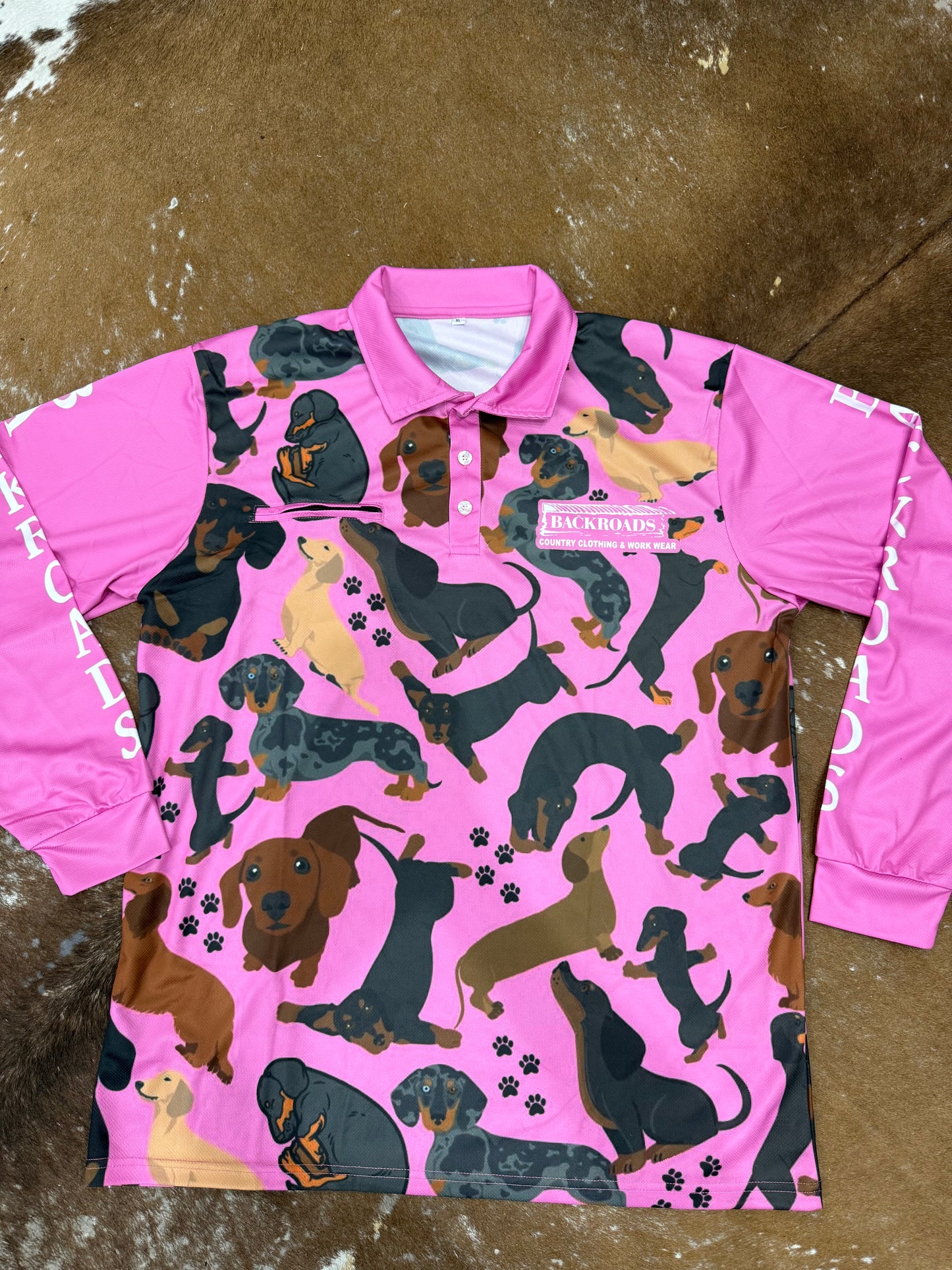 Backroads Fishing Shirt - Dachshund Pink