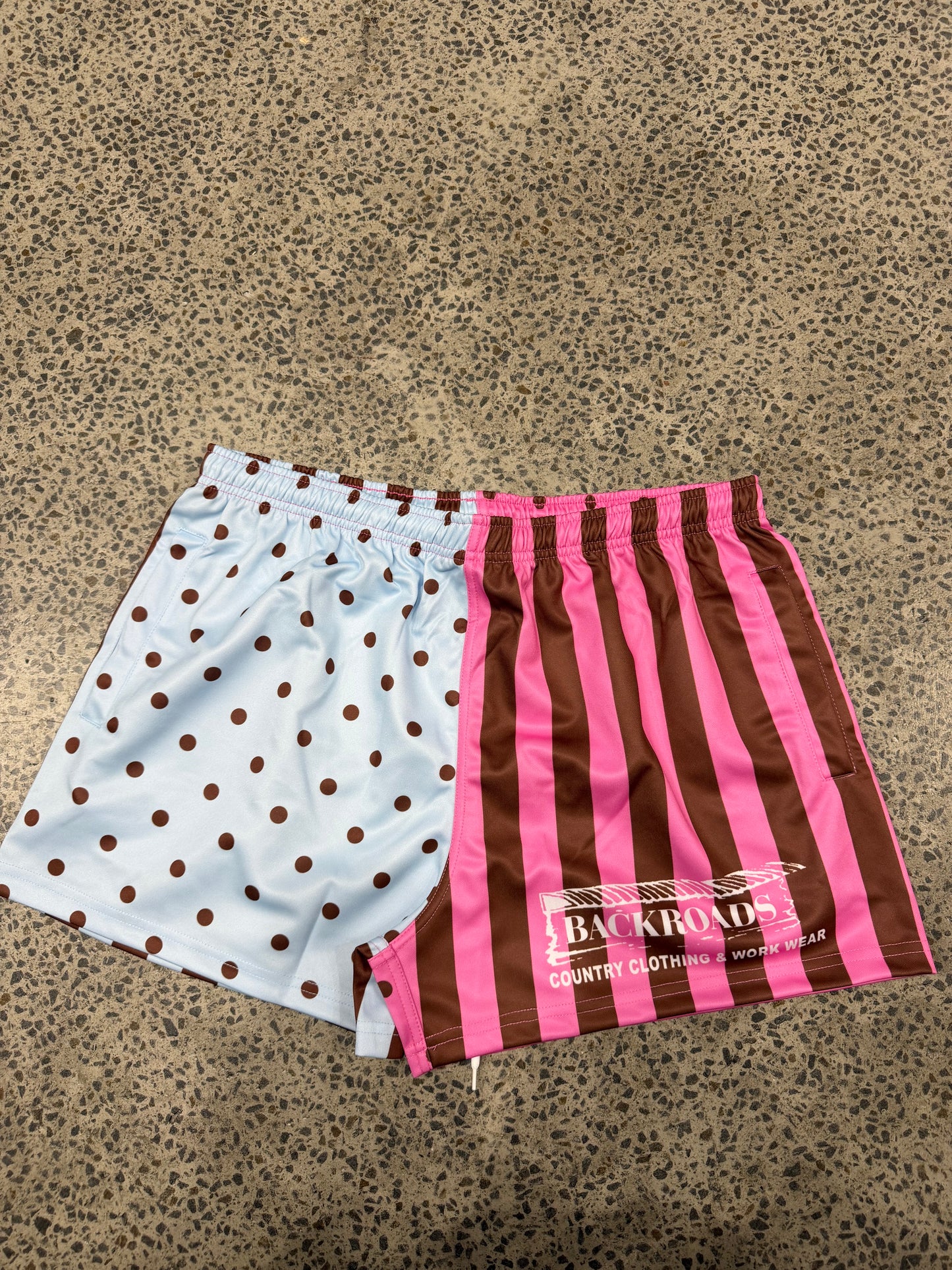 Backroads Footy Shorts - Pink Blue Polka Dots/Stripes