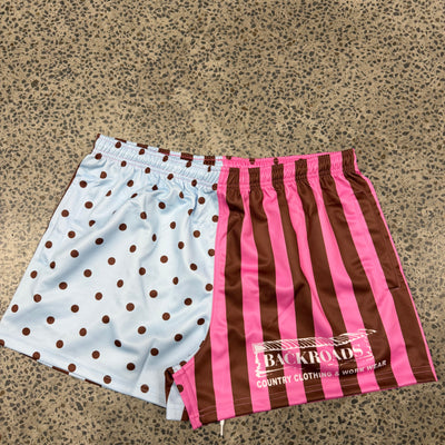 Backroads Footy Shorts - Pink Blue Polka Dots/Stripes