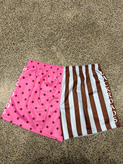 Backroads Footy Shorts - Pink Blue Polka Dots/Stripes