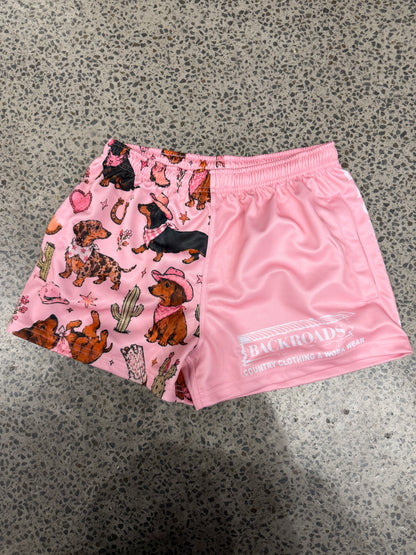 Backroads Kids Footy Shorts - Dachshund Western Pink