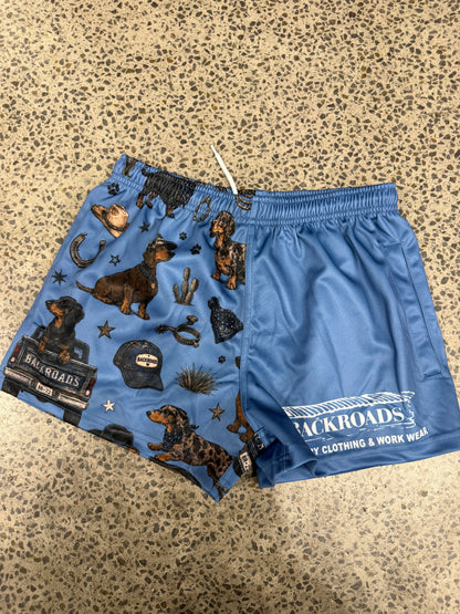 Backroads Kids Footy Shorts - Dachshund Western Blue