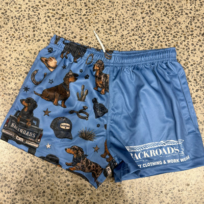 Backroads Kids Footy Shorts - Dachshund Western Blue