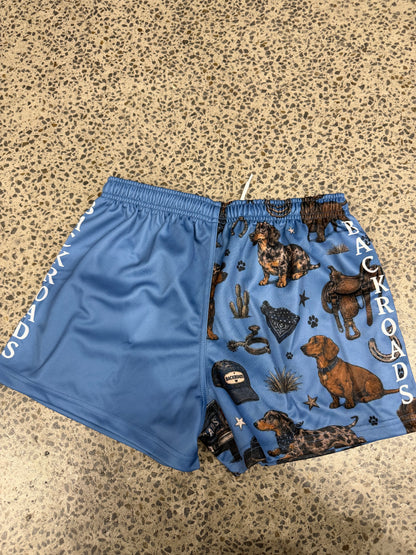 Backroads Kids Footy Shorts - Dachshund Western Blue