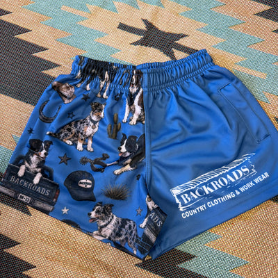 Backroads Kids Footy Shorts - Border Collies Western Blue