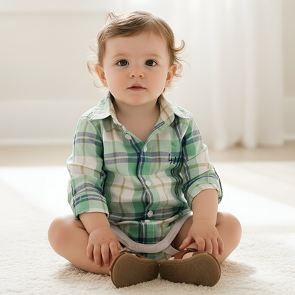 Love Henry Baby Boy's Romper Dress Shirt - Aqua Plaid