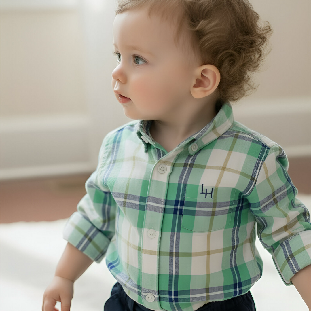 Love Henry Baby Boy's Romper Dress Shirt - Aqua Plaid