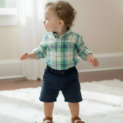 Love Henry Baby Boy's Romper Dress Shirt - Aqua Plaid