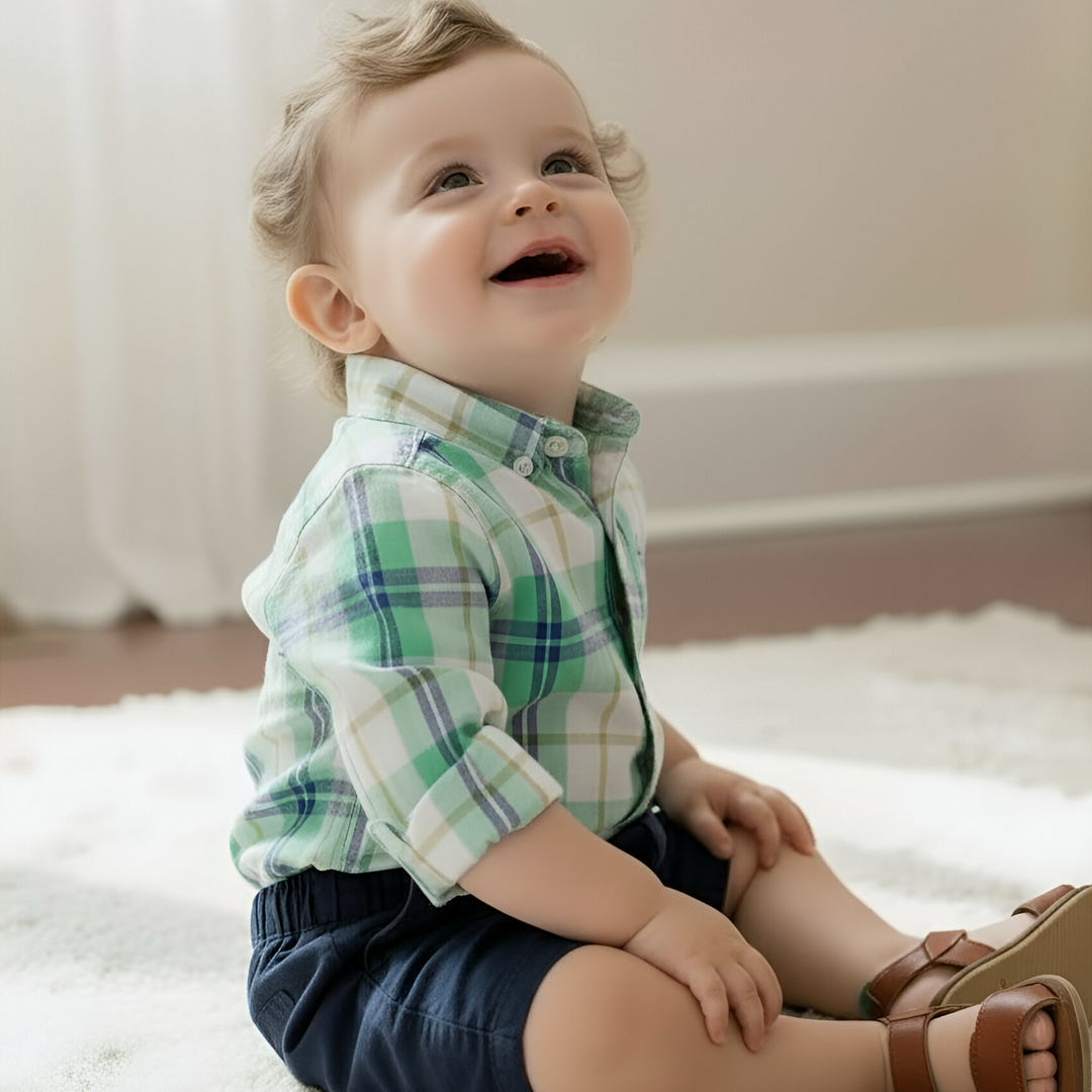 Love Henry Baby Boy's Romper Dress Shirt - Aqua Plaid