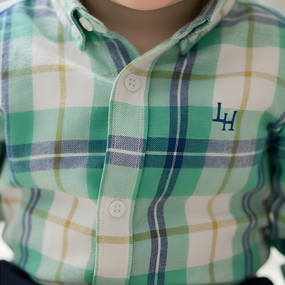 Love Henry Baby Boy's Romper Dress Shirt - Aqua Plaid