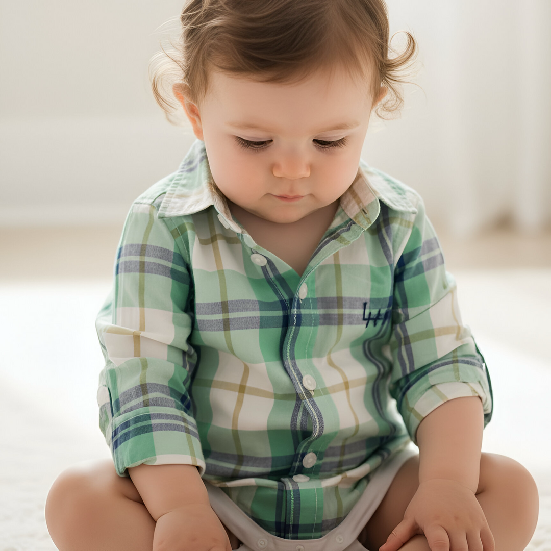 Love Henry Baby Boy's Romper Dress Shirt - Aqua Plaid