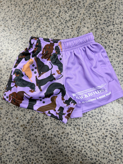 Backroads Kids Footy Shorts - Purple Dachshund