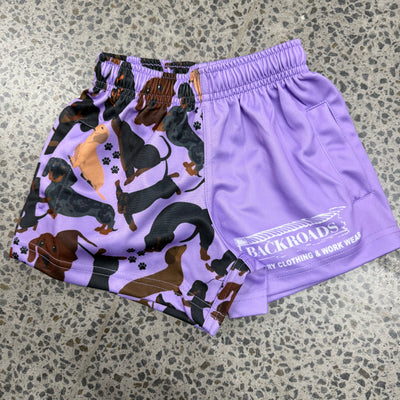 Backroads Kids Footy Shorts - Purple Dachshund