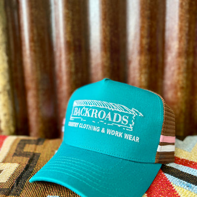 Backroads Cap - Teal, Brown Mesh, Pink & White Stripes