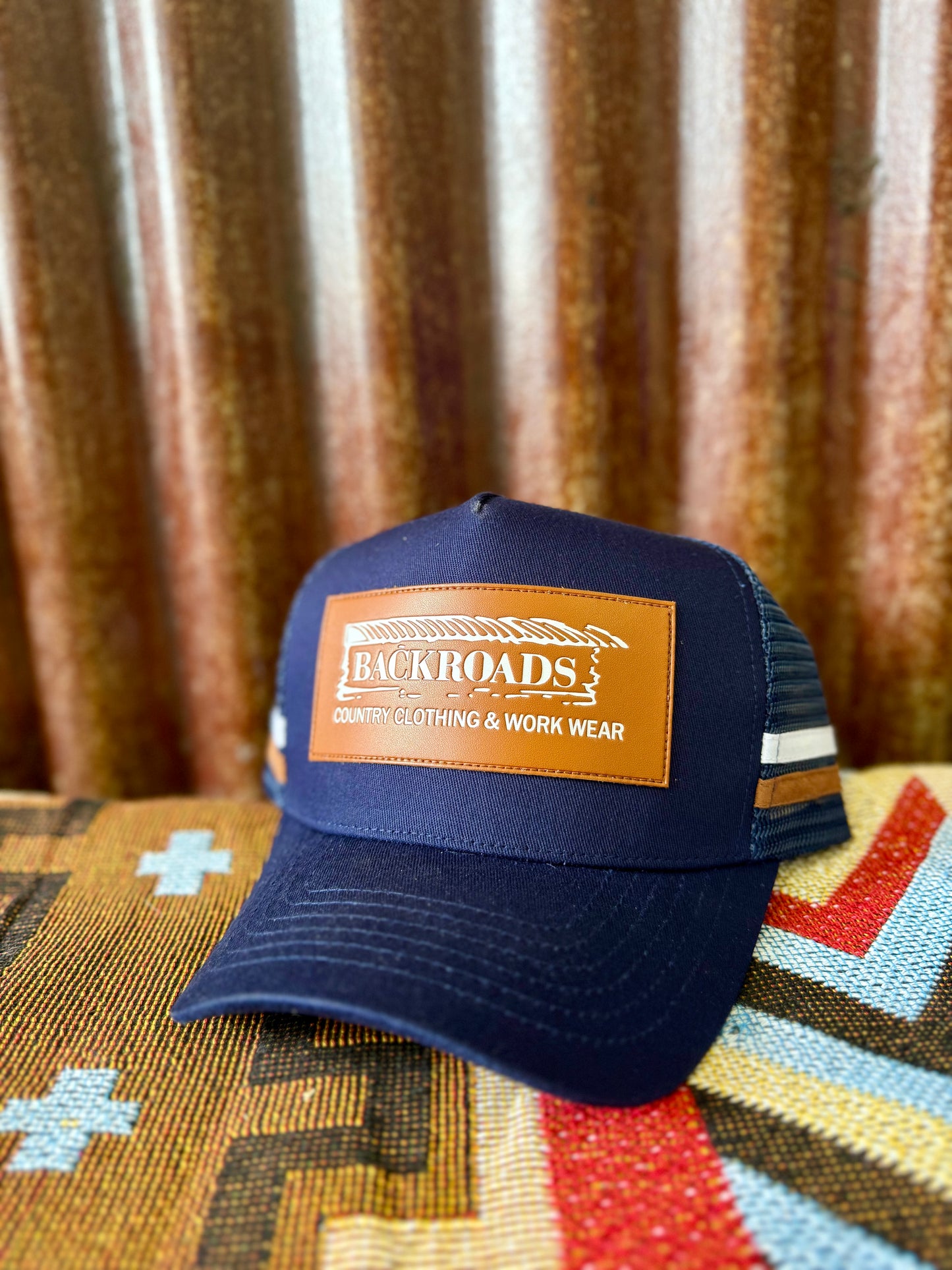 Backroads Cap -  Navy, Tan Leather Patch