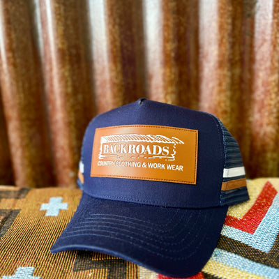 Backroads Cap -  Navy, Tan Leather Patch