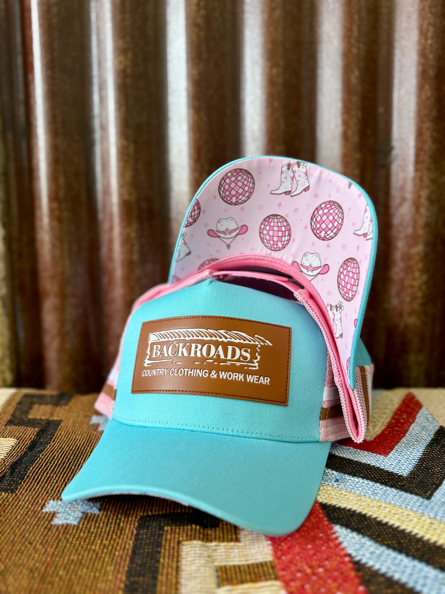 Backroads Cap -  Blue, Leather Patch, Disco Cowgirl Brim