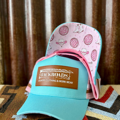 Backroads Cap -  Blue, Leather Patch, Disco Cowgirl Brim