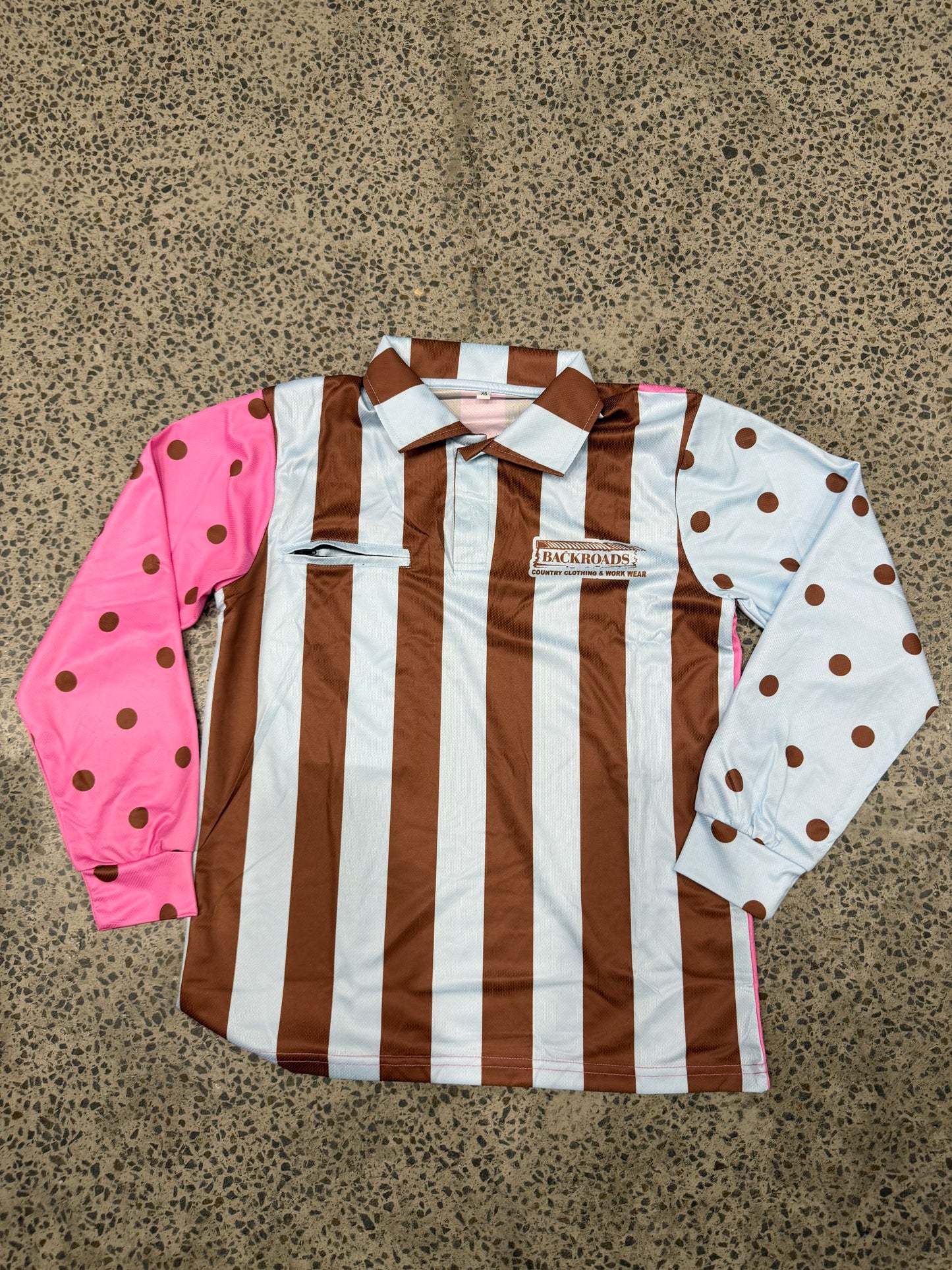 Backroads Fishing Shirt -  Pink Blue Polka Dots & Stripes