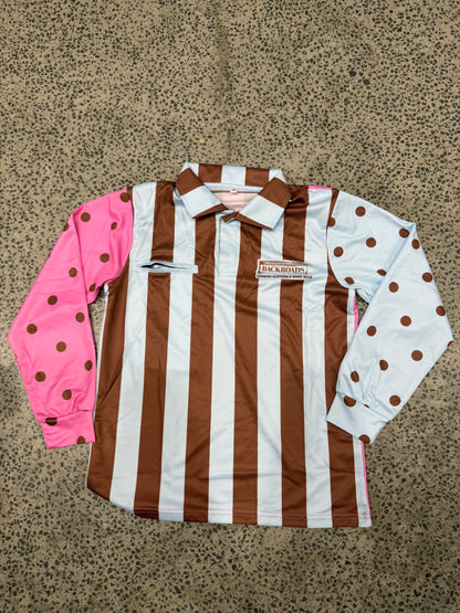 Backroads Fishing Shirt -  Pink Blue Polka Dots & Stripes