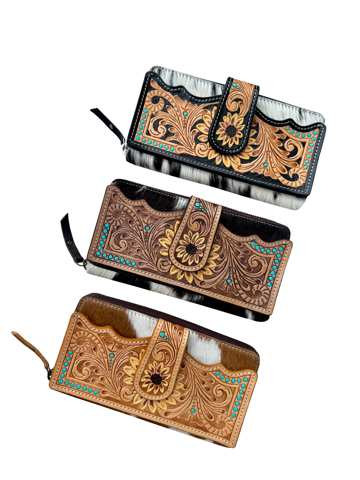 The Design Edge Cowhide Sunflower Tooling Leather Zippered Wallet – AW34