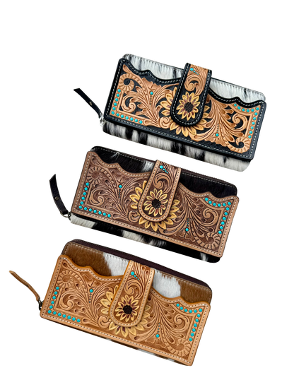 The Design Edge Cowhide Sunflower Tooling Leather Zippered Wallet – AW34