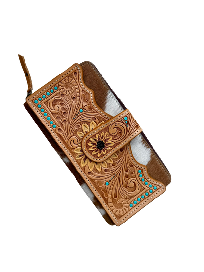 The Design Edge Cowhide Sunflower Tooling Leather Zippered Wallet – AW34