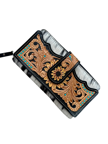 The Design Edge Cowhide Sunflower Tooling Leather Zippered Wallet – AW34