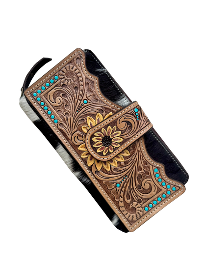 The Design Edge Cowhide Sunflower Tooling Leather Zippered Wallet – AW34
